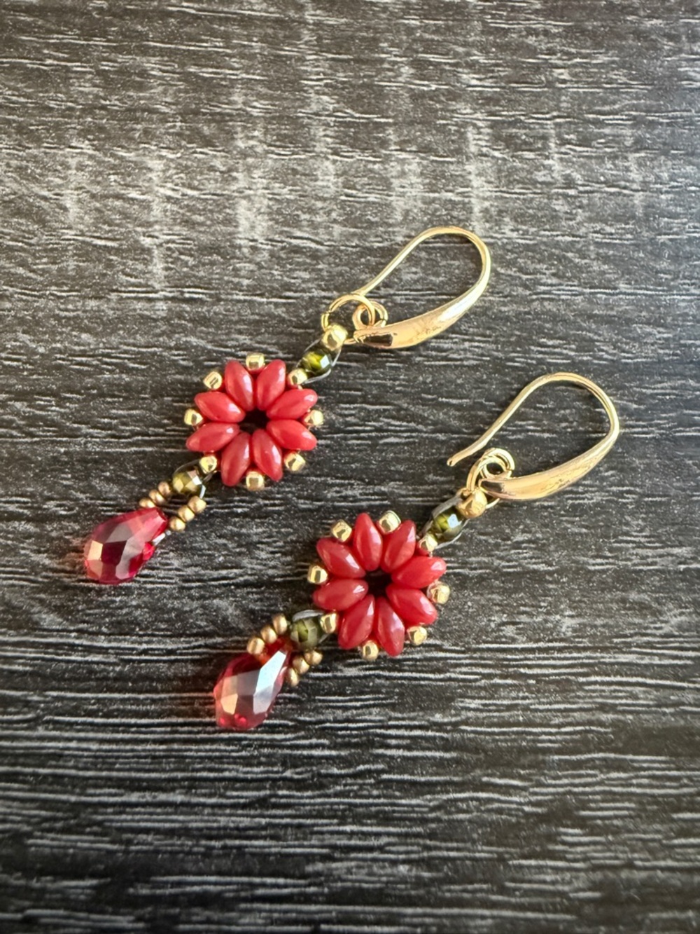 Red Czech Bead and crystal Drop Earrings with Gold Hooks